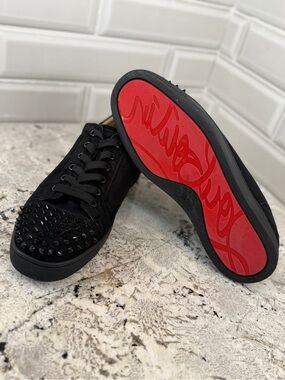 Christian Louboutin Black Suede Spike Toe Low-Top Sneakers with Red Sole